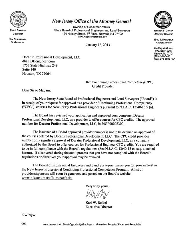 PDHengineer is approved as a provider of continuing education in New Jersey